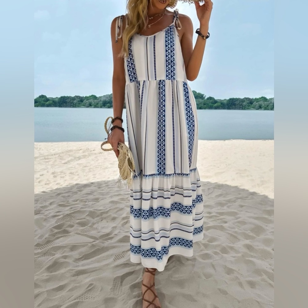 NWT Geo Print Tie Shoulder Cami Maxi Dress